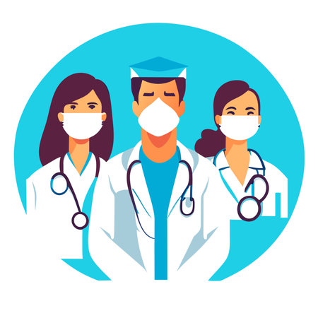 Doctors and nurses in white coat with stethoscope, Group of hospital medical staff standing together with arms crossed.のイラスト素材