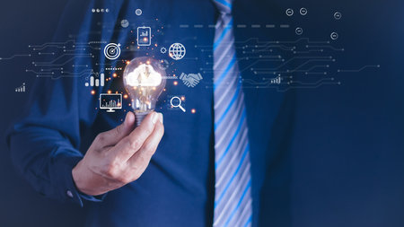 Concept of Business global internet connection application technology, Financial and banking, digital marketing, Digital link tech, big data. Businesswoman hand holding light bulb Internet connection.の写真素材