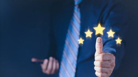 Customer satisfaction concept. Hand with thumb up Positive emotion smiley face icon and five star...