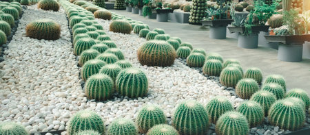 Panorama of various cacti and other succulents in botanic garden