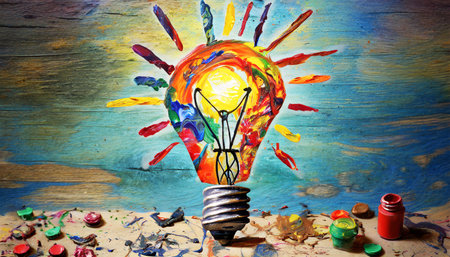 Creativity cocnept, with lightbulb made from oil paint mix.の素材