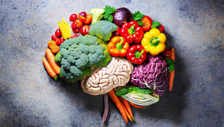 Human brain made of variety of colorful vegetables, concept of vegetarian, vegan, healthy nutritionの素材