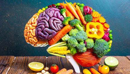 Human brain made of variety of colorful vegetables, concept of vegetarian, vegan, healthy nutritionの素材