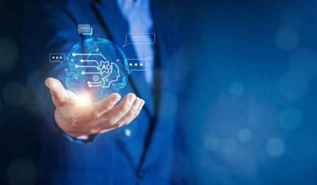Ai tech, businessman show virtual graphic Global Internet connect Chat with AI, Artificial Intelligence. using command prompt for generates something, Futuristic technology transformation.の写真素材
