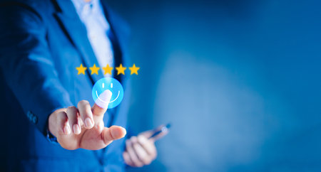 Customer Experience Concept, Best Excellent Services Rating for Satisfaction present by Hand of Client Showing excellent rating Five Star. Review, feedback, good, the best of product and serviceの写真素材