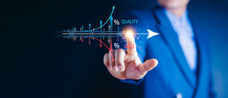 Control Quality and cost optimization for products or services to improve customer satisfaction, enhance company performance. Businessman touching concept. Successful corporate strategy, management.の写真素材