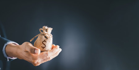 Man hands holding money bags, saving money wealth and financial concept, Business, finance, investment, loans, pension, emergency fund, savings, Financial planning.の写真素材