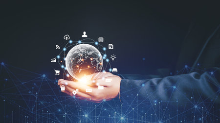 Hand holding virtual Global Internet connection metaverse. Business global internet connection application technology and digital marketing, Financial and banking, Digital link tech, big dataの写真素材