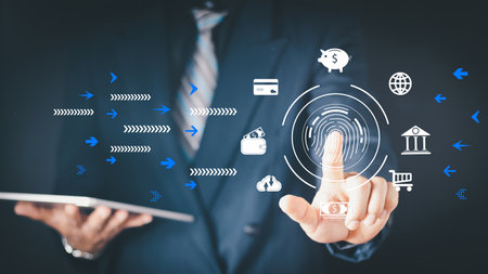 Online transaction security, cyber security digital technology, business people use fingerprints to access personal cybersecurity, keeping users' personal information safe, secure internet access.の写真素材