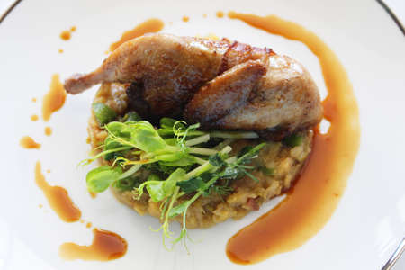 stuffed sous-vide quail with braised garden vegetablesの写真素材