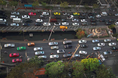 Bangkok, Thailand - April 6, 2016 : Sathon Road ,City of Bangkok aerial view with  pedestrian and busy traffic , rush hour afterwork.のeditorial素材