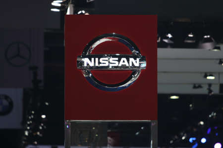 BANGKOK, THAILAND - MARCH 28,2016(Exhibition Public) :  Nissan sign pylon in Nissan booth   at THE 37th BANGKOK INTERNATIONAL MOTOR SHOW , 23 March 2016 - 03 April 2016のeditorial素材