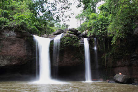 The Haew Suwat Waterfall in a rainy season, Khaoyai National Park, Thailand.の写真素材