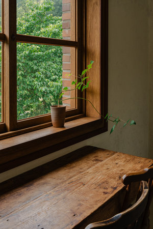 Rustic wooden table by window with potted plant