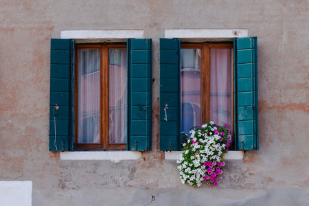 Rustic window with flower box on weathered wallの写真素材