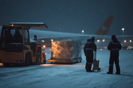 Cargo being moved across a snowy tarmac at night near an airplane.の素材