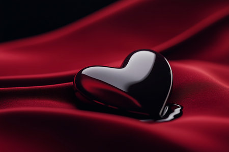 A dark heart shape rests on luxurious red fabric.の素材