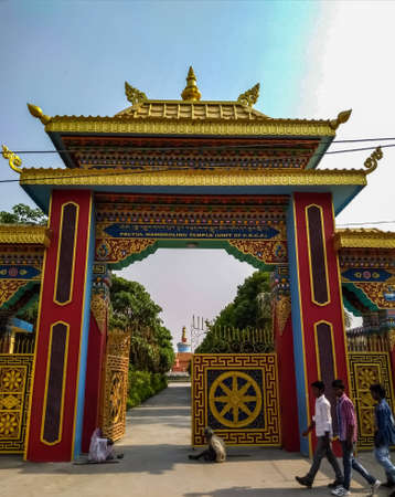 Buddha temple wat thai Bodh Gaya bihar india some people walking near the templeのeditorial素材