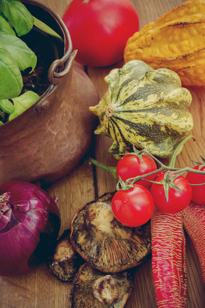 produce on a kitchen tableの写真素材