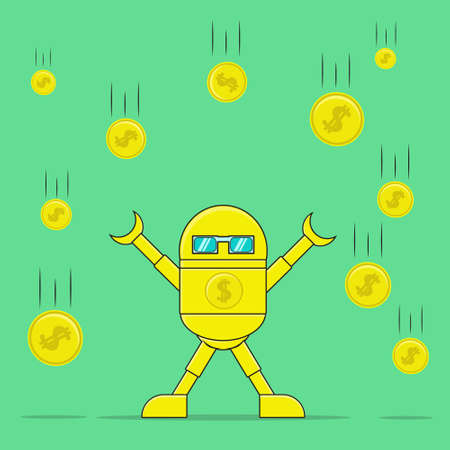 Illustration Vector Graphic of Yellow Robot Happy a lot of Gold Down Like Rain Good for Education Businessのイラスト素材