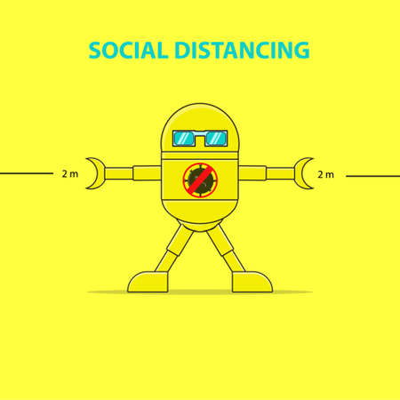 Illustration Vector Graphic of Yellow Robot With Logo Stop CoronaVirus Preventif Range People Good for Poster Education Or Bannerのイラスト素材