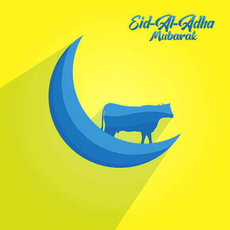 Vector Illustration, Banner, Poster or Greeting Card Template of Islamic Holiday Eid Al Adha Mubarak With Moon, Goat or Sheep and Cow. Islamic Holiday Eid Al Adha Mubarak Concept.のイラスト素材