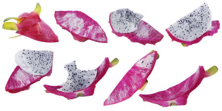 Collection fresh dragon fruit and peel or pitahaya,pitaya and Hylocereus sliced isolated on white background with clipping path. selective focusの写真素材