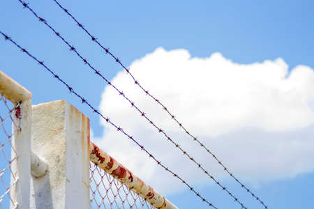 Barbed wire fence and white grating fence With blue skyの写真素材