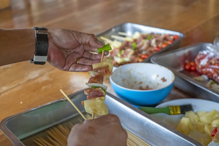 Barbecue bbq skewers meat food table grillの写真素材