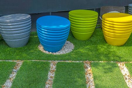 Colorful chair style modern on the lawnの写真素材