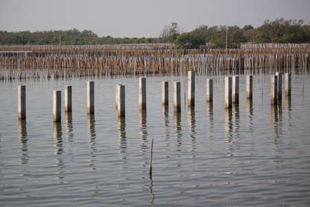 Construction of a bridge across the riverの写真素材
