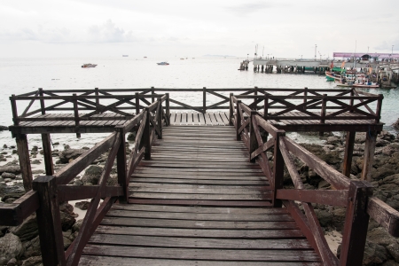 Wooden terrace jutting out to seaの写真素材