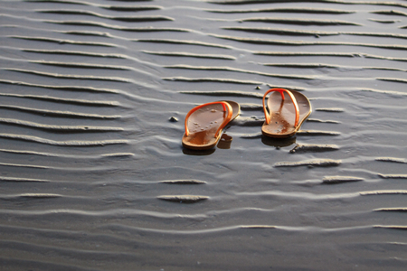 Shoes on the beach in the morningの写真素材