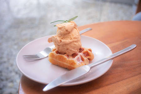 ice cream and bread Croissant served with coffeeの写真素材