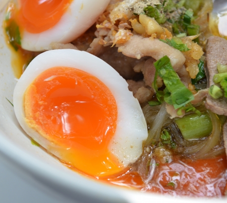 closeup Thai pork Noodles with Boiled eggの写真素材