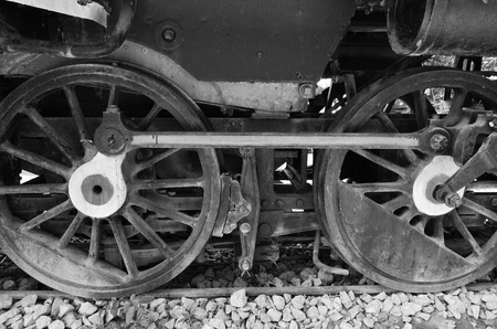 The old iron railway locomotive wheels, black and white
