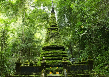 Old pagoda and moss at Phlio waterfall national park in Chanthaburi Province Thailandの写真素材