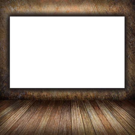 room interior vintage with brick wall, wood floor and white blank placard backgroundの写真素材