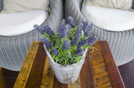 Living room sofa with coffee table and flowerの写真素材