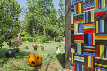 Rainbow colourful brick wall (background)の写真素材