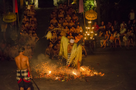 BALI, INDONESIA - JUNE 14: Presentation of traditional balinese Women Kecak Fire Dance on JUNE 14, 2014 on Bali. Kecak (also known as Ramayana Monkey Chant) is very popular cultural show on Bali.のeditorial素材