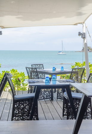 diner table on the beachの写真素材