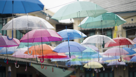 Street decorated with colored umbrellas. Madrid,Ge tafe, Spainの写真素材