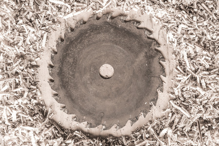 Carpenter tools on wooden table with sawdust. Carpenter workplace top viewの写真素材
