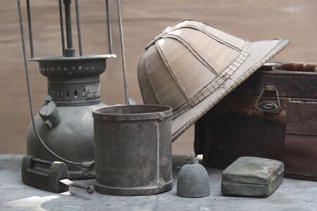 Old Antique weight measuring and kitchen goods weighing on the wooden tableの写真素材