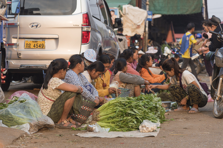 LUANG PRABANG, LAOS - December 12, 1015: Luang Prabang Morning Market on December 12, 1015 in luang prabang Laos. The Morning Market is a popular souvenir shopping site for tourists.のeditorial素材