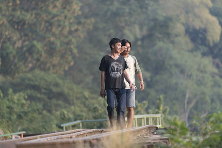 KANCHANABURI PROVINCE, THAILAND - JANUARY 30: Tourist walking on the Death Railway (Thailand-Burma railway) on World War II.のeditorial素材