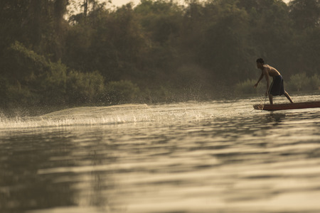 Ubon Ratchathani, Thailand, January 3, 2016 :Fishermen along the banks of the Mekong river, Thailand...