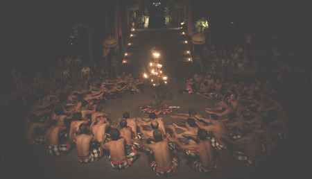 BALI, INDONESIA - JUNE 14: Presentation of traditional balinese Women Kecak Fire Dance on JUNE 14, 2014 on Bali. Kecak (also known as Ramayana Monkey Chant) is very popular cultural show on Bali.のeditorial素材