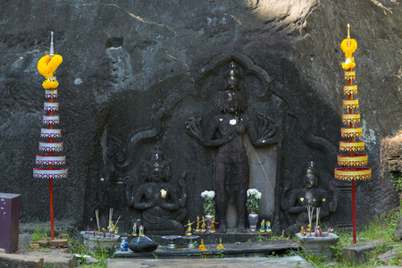 PAKSE, LAO - MAY 5: Wat Phu temple on MAY 5, 2016 in Pakse. It is a ruined Khmer Hindu temple complex in southern Laos, located at the base of mount Phu Kao.のeditorial素材